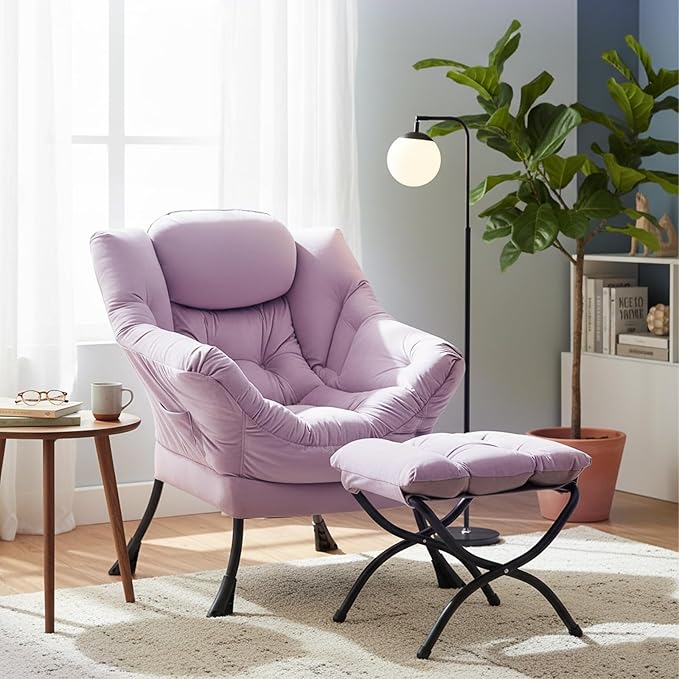 Welnow Lazy Chair with Ottoman, Modern Lounge Accent Chair with Armrests and a Side Pocket, Leisure Upholstered Sofa Armchair Set, Reading Armchair with Footrest for Small Space, Light Purple