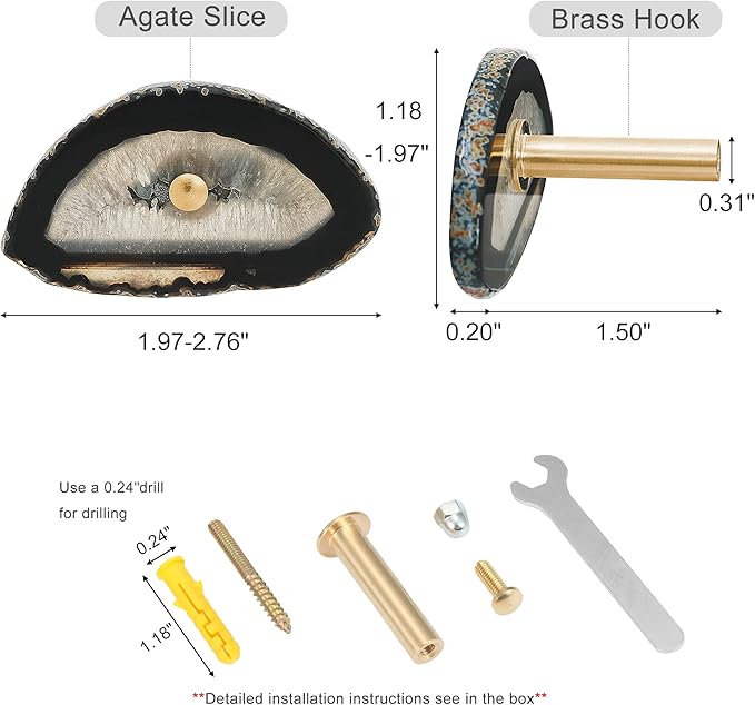 Cozy Tower 4 Pcs Unique Agate Black Coat Hooks Wall Mounted Decorative Brass Single Hook for Hanging, Hat Bag Curtain Tieback