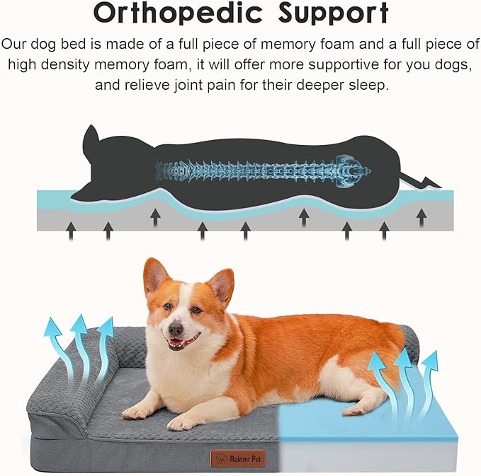 Orthopedic Dog Beds Large Sized Dog, 41x27x6 Inches Memory Foam Pet Bed for Large Dogs, Washable Removable Cover, Nonskid Bottom, Waterproof, Dark Grey
