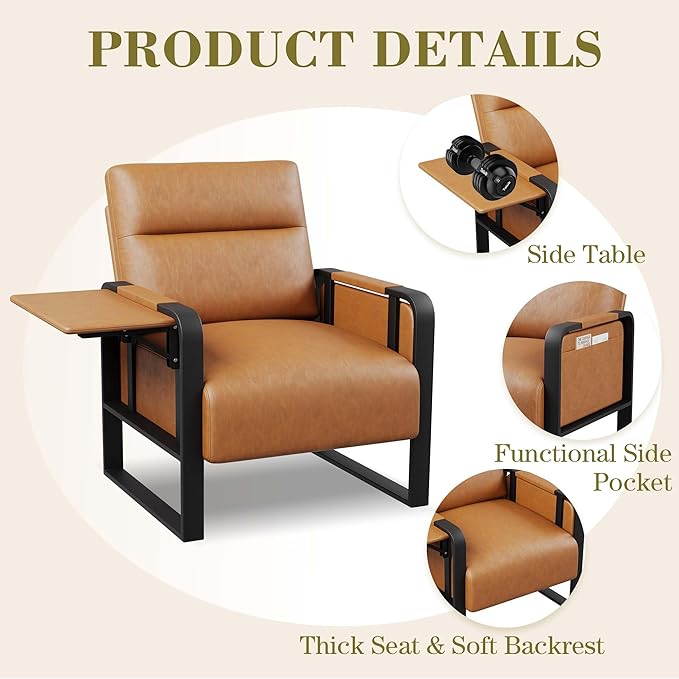 Modern Brown Accent Chair PU Leather Upholstered Armchair with Tray Table for Bedroom Living Room Chairs Office Chair