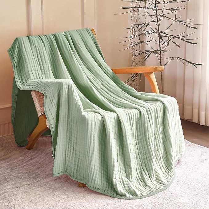 SANACYNA Muslin Blankets for Adults 100% Cotton 6-Layer Gauze Green Grid Bed Blanket Lightweight Soft and Breathable King Blanket for Sofa Bed Coverlet Both Sides (Mint Green, King 90" X 104")
