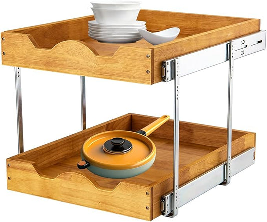 DINDON 2 Tier Pull Out Cabinet Organizer (14" W x 18" D) Slide Out Wood Drawer, Two Tier Sliding Shelf Organization and Storage…