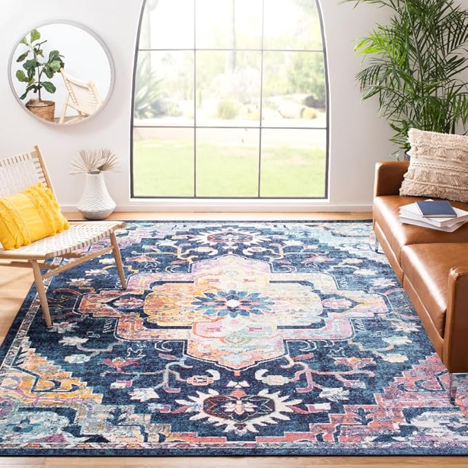 SAFAVIEH Crystal Collection Area Rug - 10' x 14', Navy & Fuchsia, Medallion Distressed Design, Non-Shedding & Easy Care, Ideal for High Traffic Areas in Living Room, Bedroom (CRS501H)
