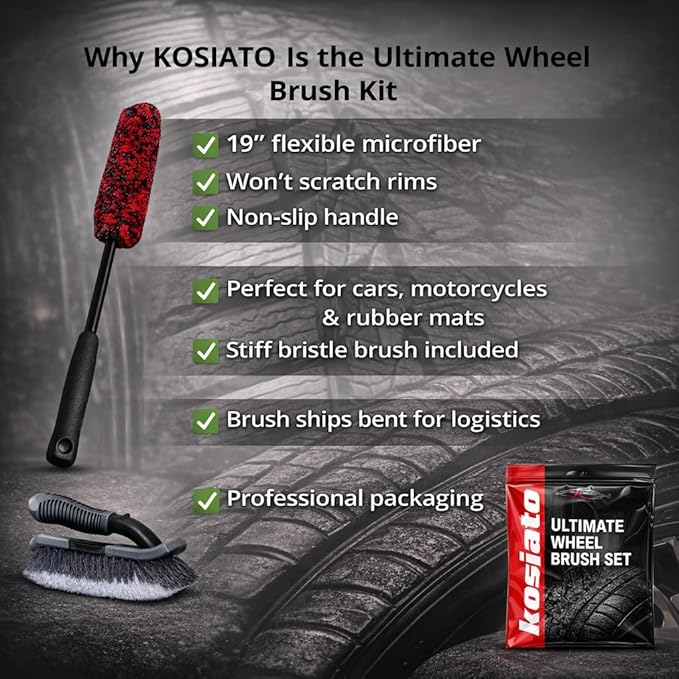 Car Wheel Brush & Wheel Barrel Brush Kit – 19" Soft Non-Scratch Microfiber Rim + Stiff-Bristle Scrubber for Tires, Rubber Mats & Motorcycles – Tire Brushes for Cleaning Tires