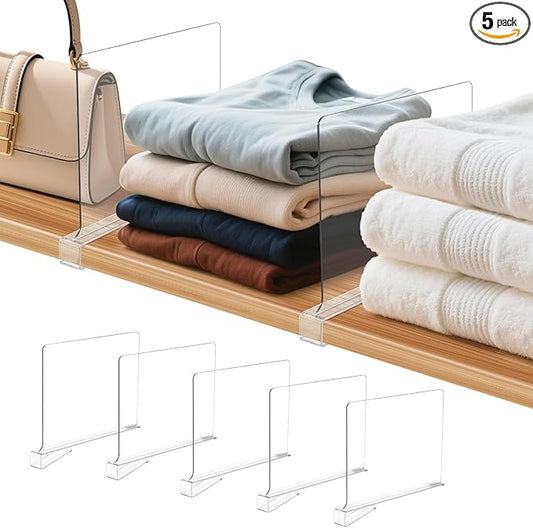 5 Pack Clear Shelf Dividers for Closets, Acrylic Dividers for Shelves, Closet Shelf Divider for Organization,Organizers & Separators for Shelf Storage, Home Closets, Cabinets