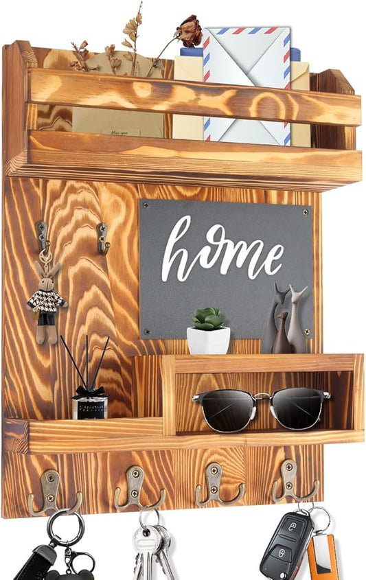 Large Key and Mail Holder Wall Mount, 12.5x16.5 Inch Solid Wood Key Racks for Entryway, Front Door, Hallway, Wall Organizer (Burnt Brown)