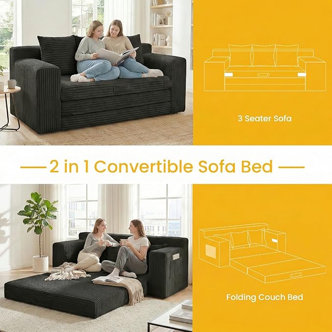 Boneless Couch Sleeper Sofa Bed: 3-in-1 Convertible Sofa Bed with Side Pockets & Handle,Pull Out Couch with 3 Pillows,Folding Futon for Small Space,Living Room & Bedroom