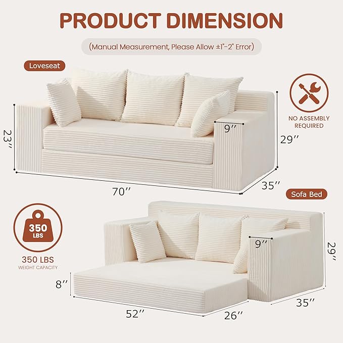 Convertible Sofa Bed, 5 in 1 Small Boneless Couch Pull Out Loveseat Sleeper Sofa,Corduroy Futon Couch Folding Mattress with 4 Pillows for Living Room Bedroom Lounge (No Assembly)