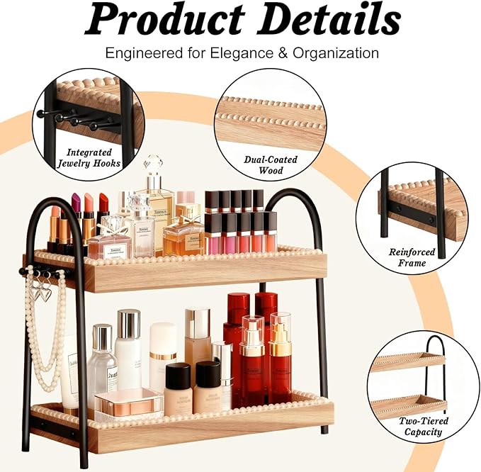 2-Tier Large & Medium Perfume Organizer with 8 Hooks for Jewelry, Bathroom Countertop & Vanity Tray Makeup Shelf - Space Saving Wooden Storage for Skincare, Dresser, Kitchen Decor(Black & Light Brown)