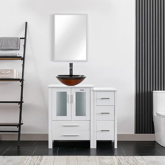 eclife 36" Modern Bathroom Vanity Sink Combo Freestanding Cabinet with Small Side Cabinet, Brown Square Glass Vessel Sink, Water Save Faucet, Drain (White+A48)
