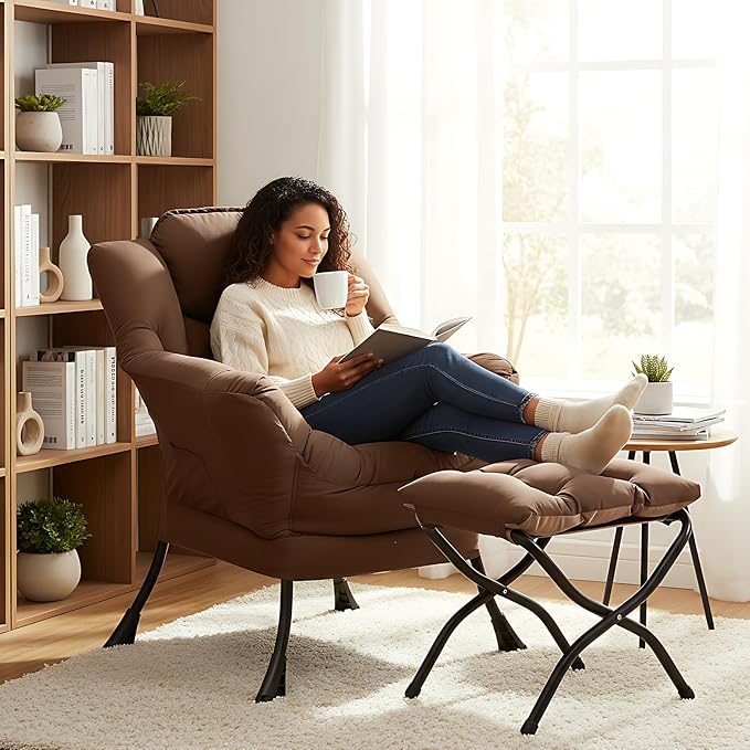 Welnow Lazy Chair with Ottoman, Modern Lounge Accent Armchair with Armrests and a Side Pocket, Leisure Sofa Armchair Set, Reading Chair with Footrest for Small Space, Dark Brown