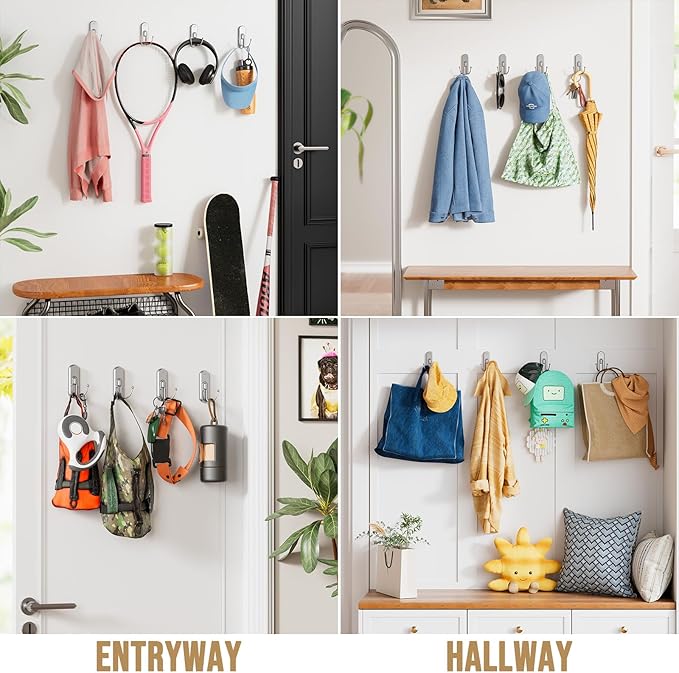 TAILI Adhesive Hooks for Hanging, 4 Coat Hooks & 6 Strips, Heavy Duty No-Drill Removable Large Wall Hanger for Towel, Backpack, Hat, Door,Kitchen Home Decor, Decorative Key Holder - Silver