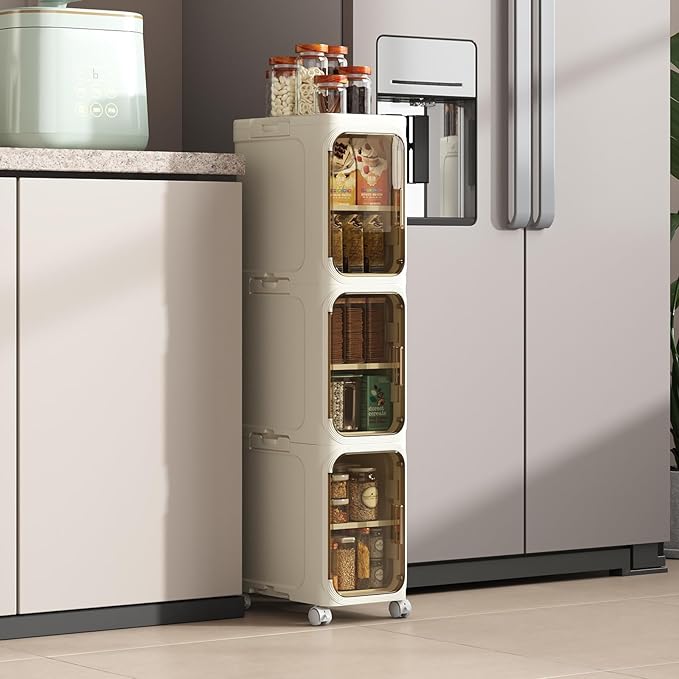 3 Tier Slim Bathroom Storage Cabinet, Narrow Organizer with Wheels and Toilet Paper Holder, Waterproof, No Assembly Required, Perfect for Small Spaces in Bathroom, Kitchen and Bedroom