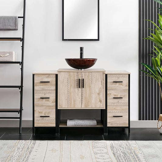 eclife 48" Bathroom Vanity Sink Combo Modern Metal Stand Cabinet W/Bottom Shelf & Storage Side Cabinets Brown Round Vessel Sink & Water Save Faucet & Pop Up Drain, Oak (A09)