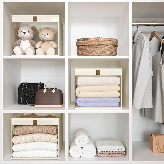 Linen Closet Organizers and Storage, Closet Storage Bins Basket Organizer, Foldable Organization Baskets with Mesh Window for Clothes Towels and Toys, 12.75" x 12.75" x 9", Beige, 4 pack