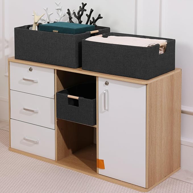 ANMINY 2PCS Storage Baskets for Organizing Collapsible Fabric Storage Bins Boxes with Wood Handles Closet Shelves Cube Organizer Bins Clothes Laundry Storage Container - Medium, Black