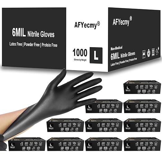 Disposable Nitrile Gloves, Chemical Resistant, Powder and Latex Free, Food Safe, Black Heavy Duty Gloves, 6 Mil, 1000 Count, Large