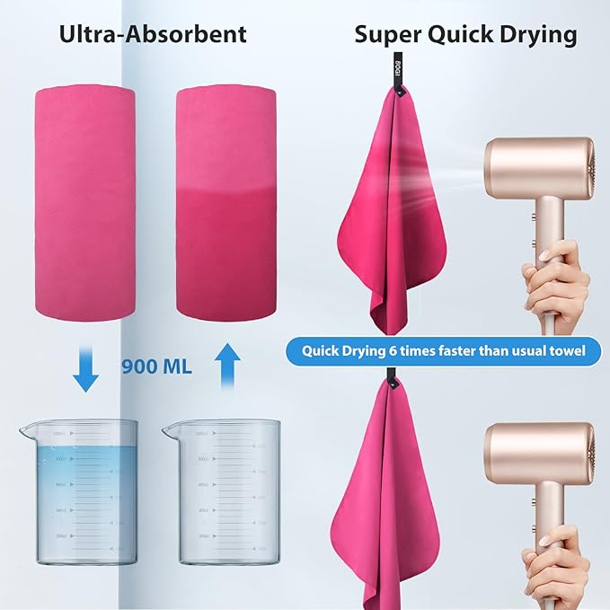 Microfiber Travel Sports Towel-Quick Dry Towel, Soft Lightweight Microfiber Camping Towel Absorbent Compact Travel Towel for Camping Gym Yoga Swimming Backpacking (L:60''x30''+16''x16''-Hpink)