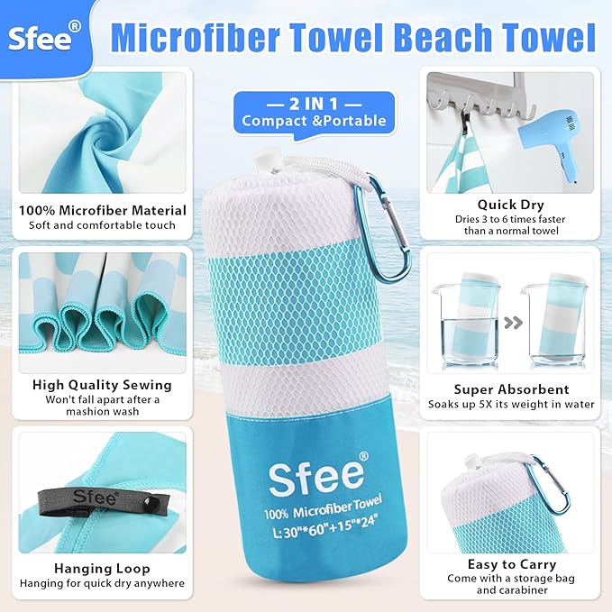 2 in 1 Microfiber Beach Towel, Quick Dry Towel Camping Towel Travel Towel Super Absorbent Compact Lightweight Sports Gym Towels Set for Beach, Gym, Hiking, Pool, Backpacking, Bath, Yoga