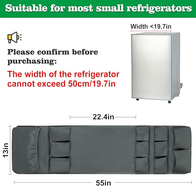 Biubee Extended Mini Fridge Caddy Organizer - 55" x 13" Back to School Dorm and Office Over the Fridge Storage Organizer with 12 Pockets for Flatware Drink Paper Goods, College Must Have, Gray