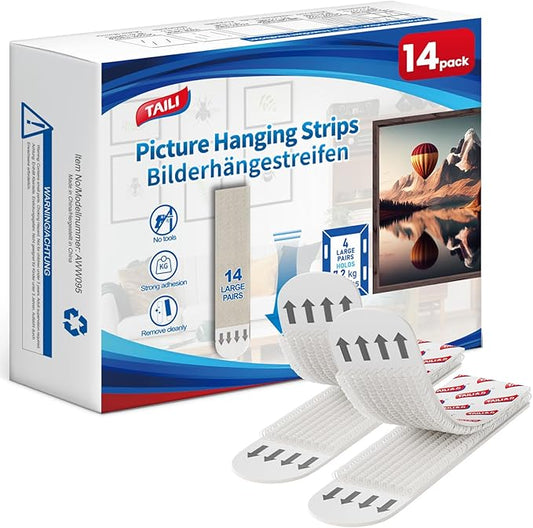 TAILI Picture Hanging Strips Heavy Duty, Large 14 Pairs (28 Strips) Frame Hanger for Walls, Pictures Haing Kit Without Nail, Damage Free Adhesive Poster for Decor, Art, Mirror