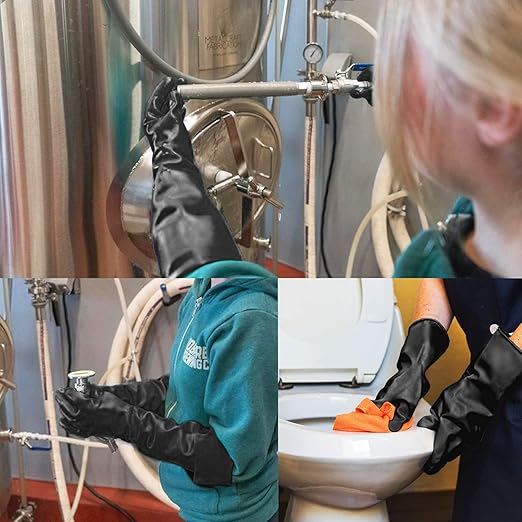 Extra Large Chemical Resistant Gloves, 18" Long Black Waterproof Alkali/Acid/Oil Resistant Reusable Heavy Duty Rubber Gloves for Cleaning, Dishwashing, Gardening