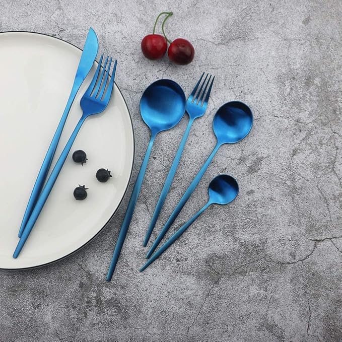 JASHII Matte Blue Silverware Set, 24 Pieces Stainless Steel Tableware Sets Flatware Set Cutlery Sets, Service for 6 (Matte Blue)
