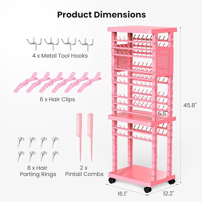 Braiding Rack with Tools, 2-Sided Hair Rack Braid Stand with Wheels, 220 Pegs Standing Hair Separator Divider Extension Holder Hanger Perm Accessories for Salon Home