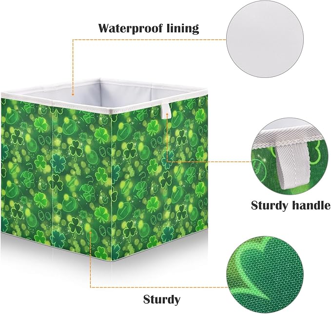 Bolaz Green Clover St Patricks Day Closet Organizers Storage Cubes Storage Bins Shelf Baskets Containers for Home Room Office,Square