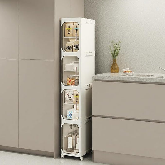Narrow Bathroom Storage Cabinet with Wheels, 4-Tier Plastic Slim Organizer with Adjustable Shelves for Small Spaces,Bathroom, Kitchen, Milky White