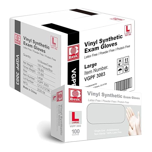 Basic Medical Clear Vinyl Exam Gloves, Latex-Free, Powder-Free, Case of 1,000, Large