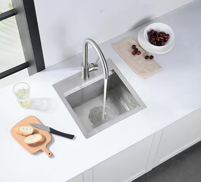 Stainless Steel Drop-In Bar Sink 15x15 Inches Single Bowl Small Workstation Kitchen Sink, Doirteal Top Mount 15 Inch Bar Sinks Outdoor Wet Bar Prep Sinks With Accessories