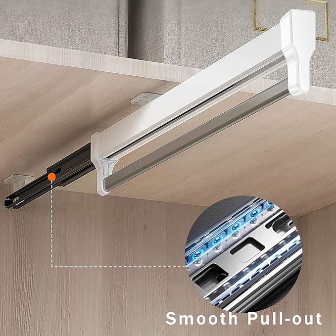 Pull Out Closet Valet Rod, Adjustable Sliding Heavy Duty Steel Top Mounted Clothes Storage Hanger Rail for Closet Wardrobe (597mm/23.5inch)