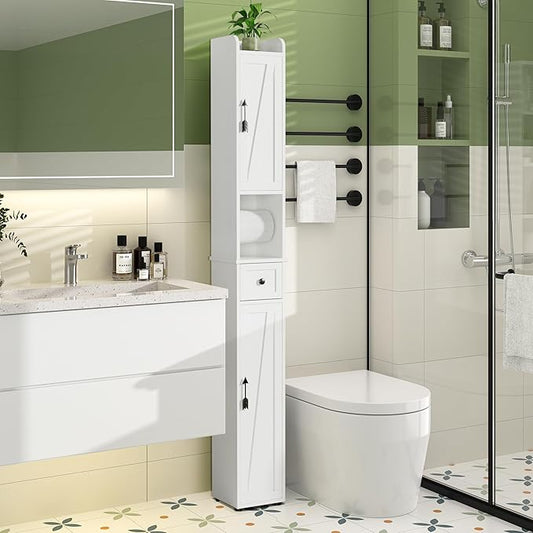 VECELO Narrow Bathroom Storage Cabinet with Adjustable Shelves, 67" Tall Freestanding Cabinet with Toilet Paper Holder, Slim Tower Cabinet with Two Magnetic Doors & Drawer, for Small Spaces, White