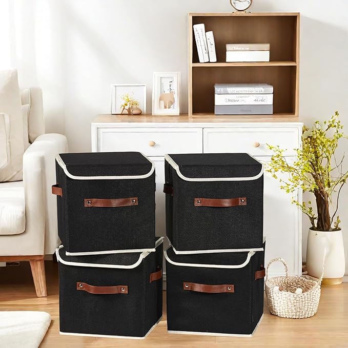 2PCS Storage Cubes with Lid Fabric Storage Bins Boxes PU Leather Handles Cotton Linen Closet Organizer Container Decorative Foldable Washable Shelf Cloth Basket (Flip-top Lid, Black, 11in)