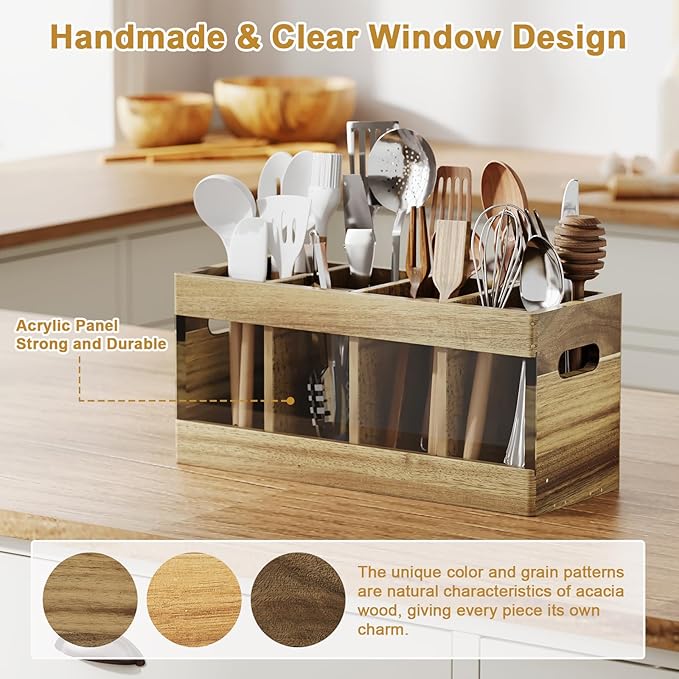 Acacia Rustic Wood Utensil Holder, Extra Large Cooking Holder with Drying Stone Base and 8 Compartments, Farmhouse Kitchen Countertop Organizer
