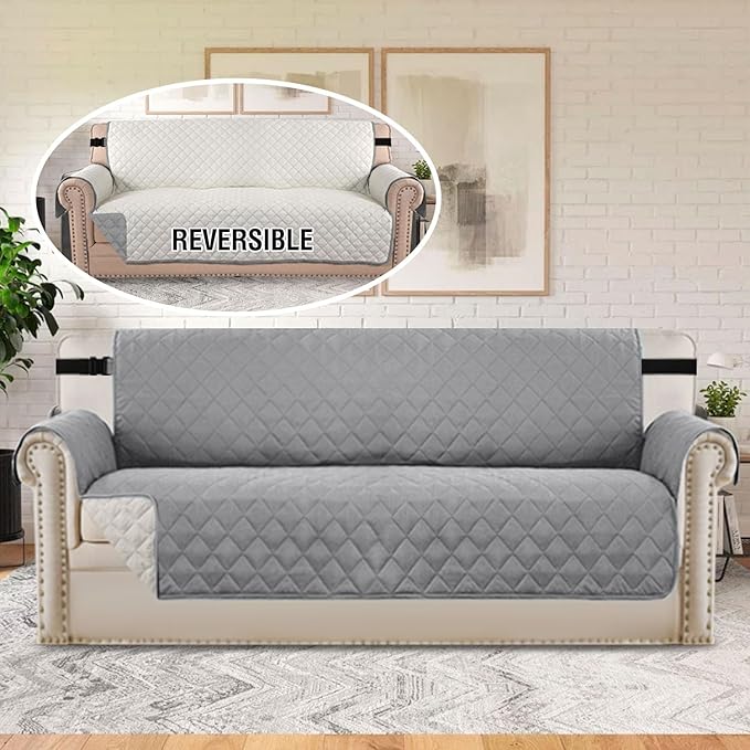 Sofa Protector for Dogs/Cats/Pets Sofa Slipcover Quilted Furniture Protector with Non Slip Elastic Strap Water Resistant Sofa Covers Couch Covers Seat Width: 78" (Oversized Sofa, Light Grey/Beige)