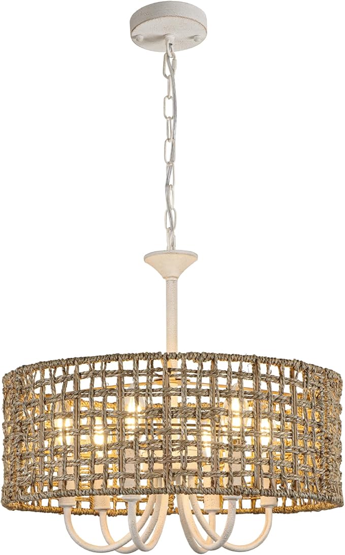 White Rattan Chandelier for Dining Room, 6-Light Boho Chandelier Light Fixture Hand-Woven Bohemian Coastal Hanging Pendant Lighting for Kitchen Living Room Foyer Entryway