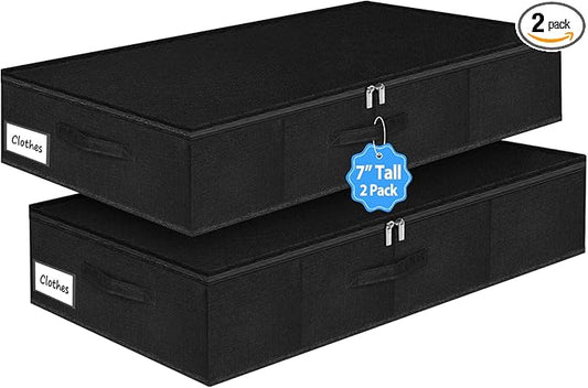 Under Bed Storage Bags with Zipper, 7 Inch Tall Underbed Storage Containers with Rigid Sides & Bottom,30x15x6.7 Inches, Large Clothes Organizer Box for Bedroom, Dorm, Couch, Black