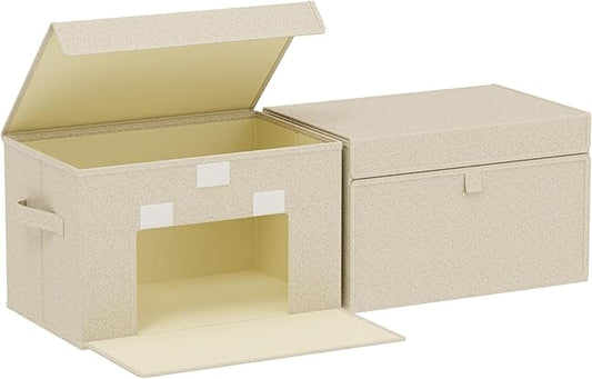 Fabric Storage Boxes, Closet Organizer with Handles, Basket Bins with Flip Cover, Cube Organization for Clothes, Shoes, Blankets, 15x9.8x9.8in, Grey and Beige, 2 Pack