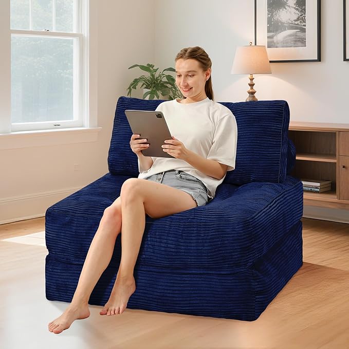 HABUTWAY Folding Sofa Bed, Convertible Sleeper Chair Bed w/Dual-Pillow & Handle, Foldable Floor Sofa Lounge w/Back Support for Living Room, Bedroom, Apartment, Office, Single, Navy Blue