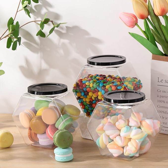 Bokon 36 Pcs Hexagon Shaped Jars with Lids Plastic Cookie Container 30 oz Clear Wide Mouth Candy Storage Jar for Cookies, Candy, Snacks, Paper Stars, Detergent Pods, Gifts and Storage