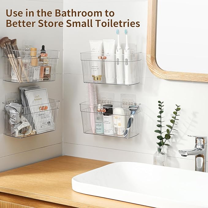 4 Pack Adhesive Cabinet Door Organizer, Compact Pantry Organizers and Storage Basket, Clear Bathroom Storage Organizer Shelf for Narrow Space, Wall Mounted Shower Caddy Hanging Sink Caddy