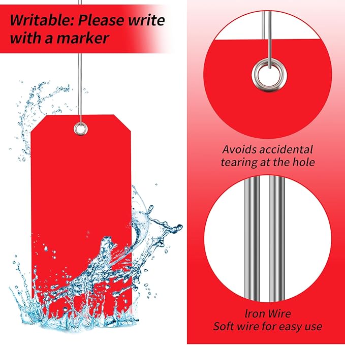 100 Large Red Plastic Shipping Tags - 3x6 inch, Heavy Duty, Waterproof, Writable Wire Tags with String Attached for Luggage, Garage, Inventory, Car Parts