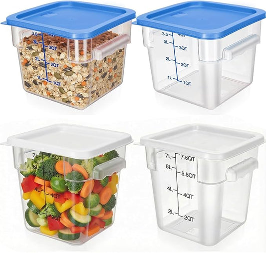 Lallisa 4 Pcs 8qt & 4qt Clear Food Storage Containers with Lids Handles and Scales, Stackable Plastic Square Food Storage Containers for Dough Proofing Baking Kitchen Restaurant(White, Blue)