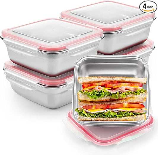 4 Pack Stainless Steel Sandwich Containers with Lids 25.4 oz Metal Food Container for Lunch Boxes with Airtight Silicone Seal for Sandwiches and Snacks(Pink)