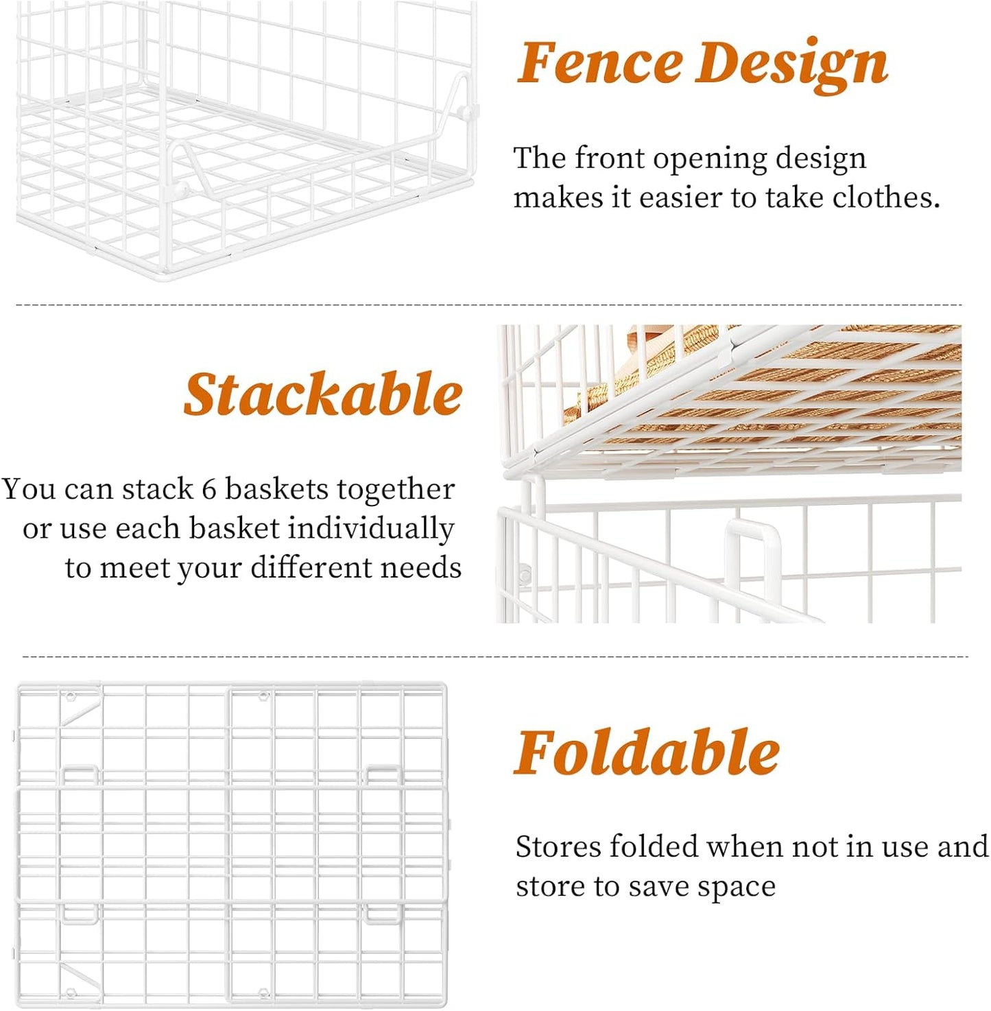 6-Tier Closet Shelf Organizer,Metal Stackable Closet Organizers and Storage,Clothes Storage Bins,Shelf Organizer Basket ,Folded Shelf Organizer for Closet Wardrobe,White