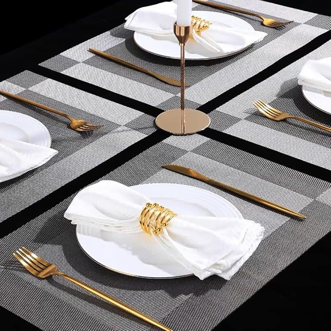 Placemats, Washable PVC Table Mats, Woven Vinyl Placemat for Dining Table Place Mats Set (6 placemats and 1 Table Runner, Silver and Grey)