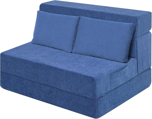 Folding Sofa Bed Chair with Pillow,Convertible Fold Out Chair Bed Sleeper,Foam Floor Mattress, Foldable Futon Couch Bed for Living Room/Dorm/Guest/Office (Blue, Twin)
