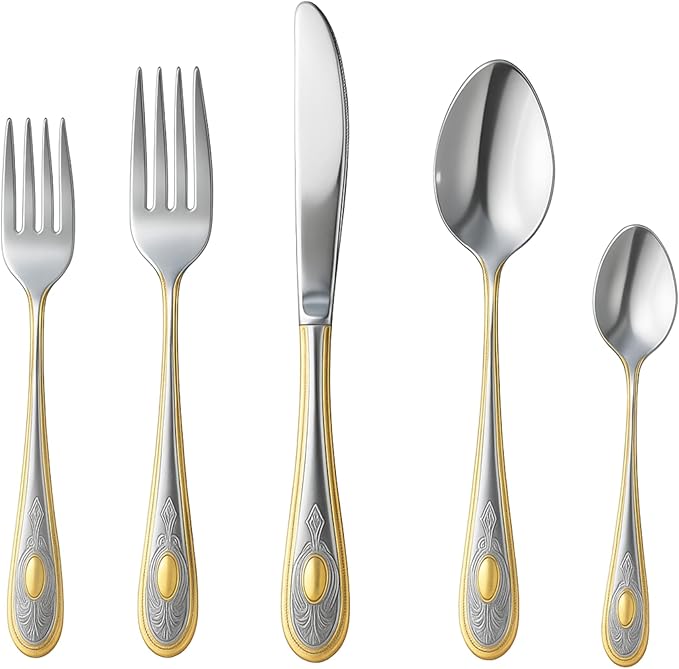 5 Piece Flatware Set - Service for 1-18/10 Stainless Steel Silverware - Vintage Design Handle with Gold Detailing - Dishwasher Safe - Durable Cutlery - First Apartment Essentials (Lucca)